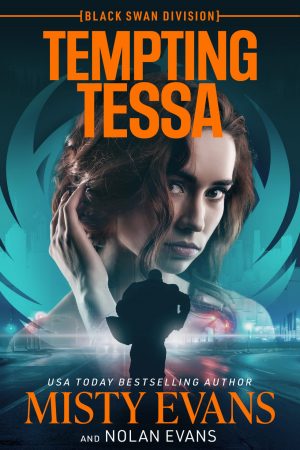 Tempting Tessa, Black Swan Division, Book 2 by Misty Evans cover showing redheaded woman and man running