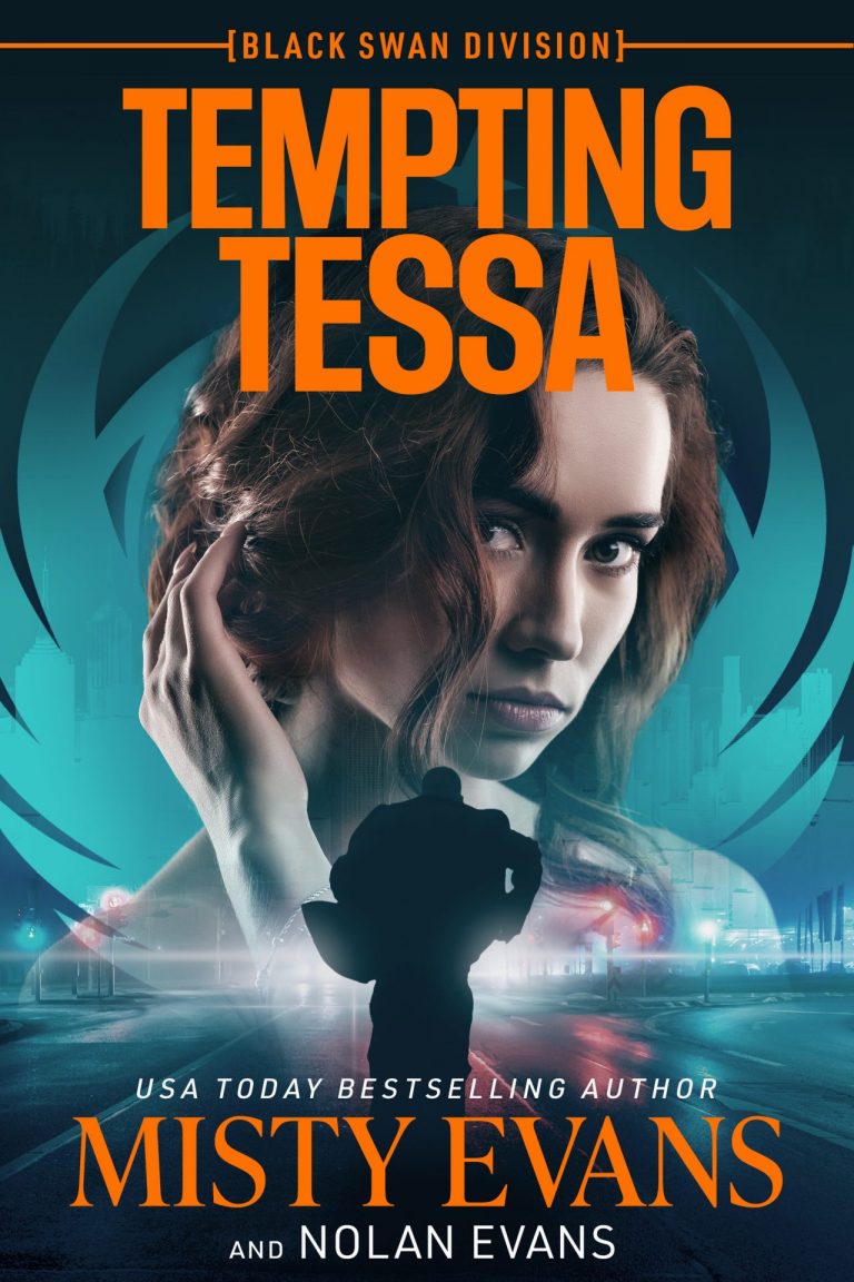 Tempting Tessa, Black Swan Division, Book 2 by Misty Evans cover showing redheaded woman and man running