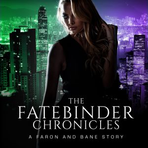 Fatebinder Chronicles by Misty Evans cover showing a blond woman looking over a cityscape, representing Faron, one of the three Fates