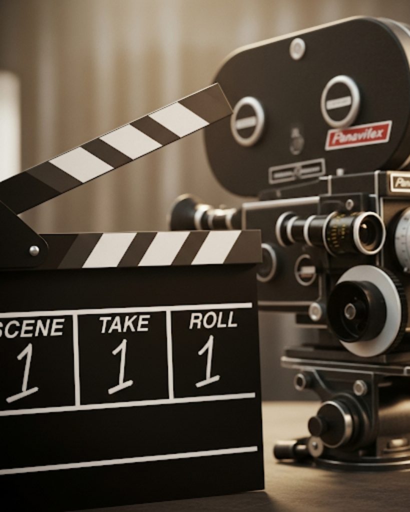 photo of movie clapboard and camera as graphic to Misty Evans' tier one for supporting her pilot film production