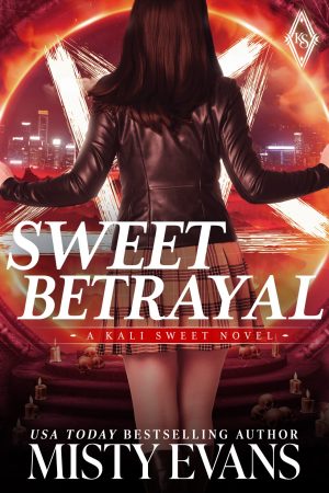 Sweet Betrayal, Kali Sweet Urban Fantasy Series, Book 6 cover image depicting dark haired woman in short skirt and leather jacket standing in front of a glowing pentagram portal into another world