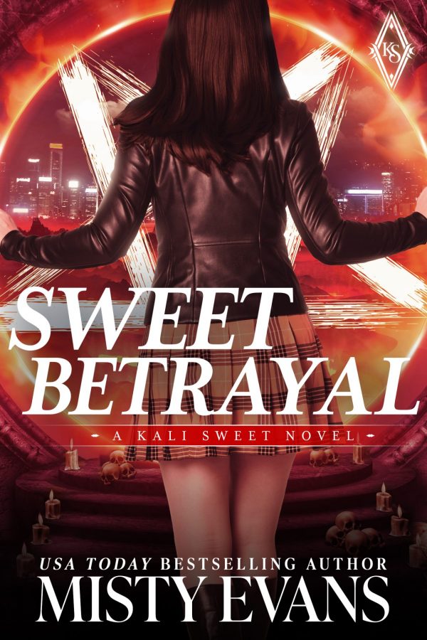 Sweet Betrayal, Kali Sweet Urban Fantasy Series, Book 6 cover image depicting dark haired woman in short skirt and leather jacket standing in front of a glowing pentagram portal into another world