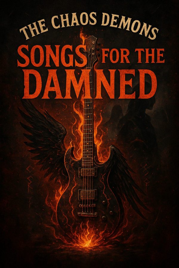 Cover of Songs for the Damned music album by the Chaos Demons showing a burning guitar with wings