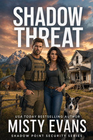 Cover image of Shadow Threat, Shadow Point Security, Book 7 by Misty Evans, showing the hero and heroine on a ranch with a black and white shepard mix dog.